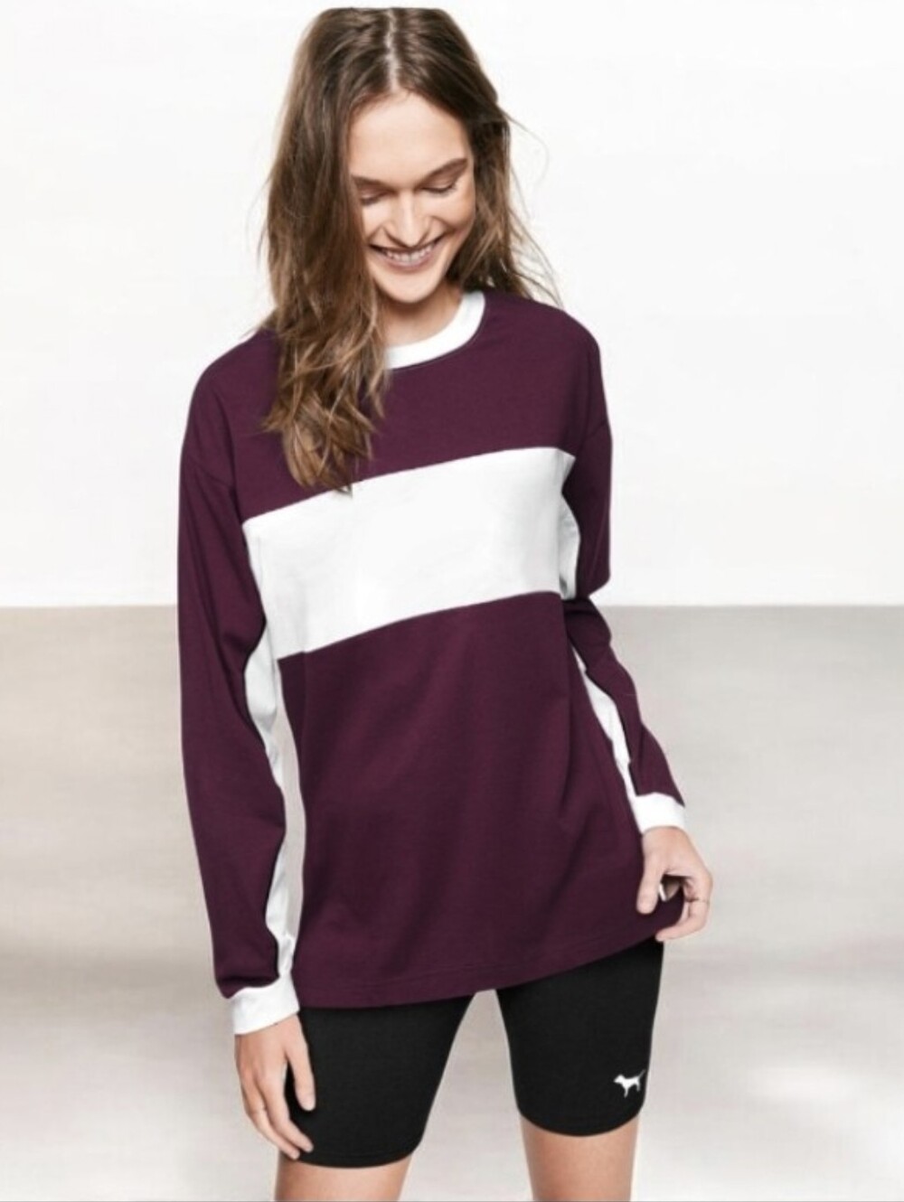 #K138 Women's Maroon and White Colorblock Long Sleeve Top